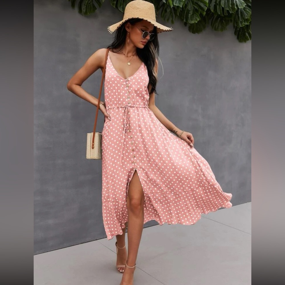 Boho polka dots print button detail drawstring waist cami dress - Picture 3 of 16